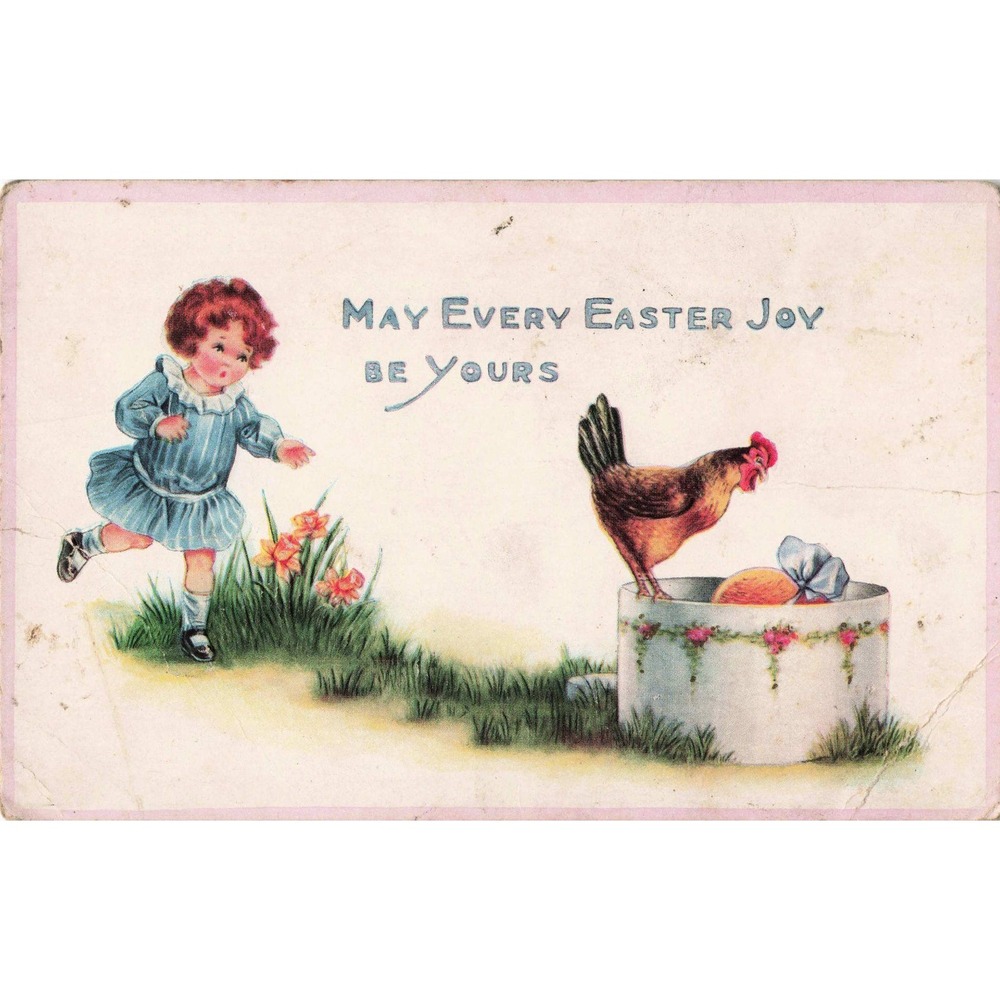 Easter Postcard Whitney Made Embossed Child Hen Divided Back Antique